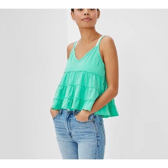 NWT American Eagle Size M Tiered Babydoll Cami Ruffles Green Cotton Flowy Boho - Picture 1 of 11